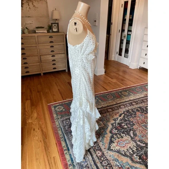 Lucky Brand White Floral Burnout Polka Dot Ruffle High Low Slip Dress 6ELZU808 L - Picture 4 of 14